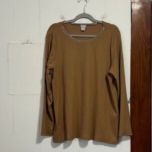 Chicos Size XXL Brown Ribbed Long Sleeve Top Rhinestone Embellished Neckline